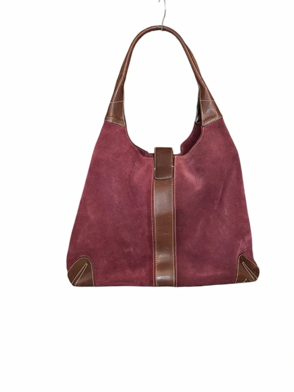 Levenger suede leather hobo tote bag purse burgundy purple classic minimalist